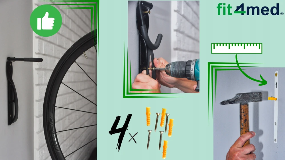 Fit4Med Sieninė kabykla dviračiams dviračiams 2x dviračių laikiklis juodas tvirtas kabliukas 8x kaiščiai