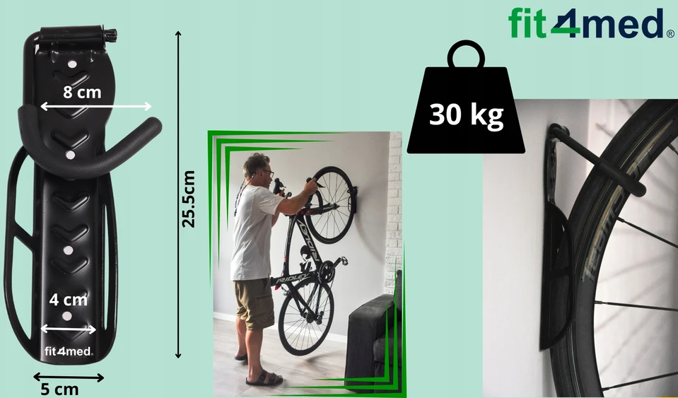 Fit4Med Sieninė kabykla dviračiams dviračiams 2x dviračių laikiklis juodas tvirtas kabliukas 8x kaiščiai