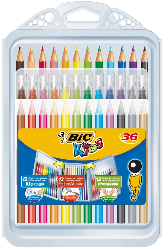 Bic Kid Couler flomasteriai, PlastiDecor kreidelės ir Evolution spalvoti pieštukai