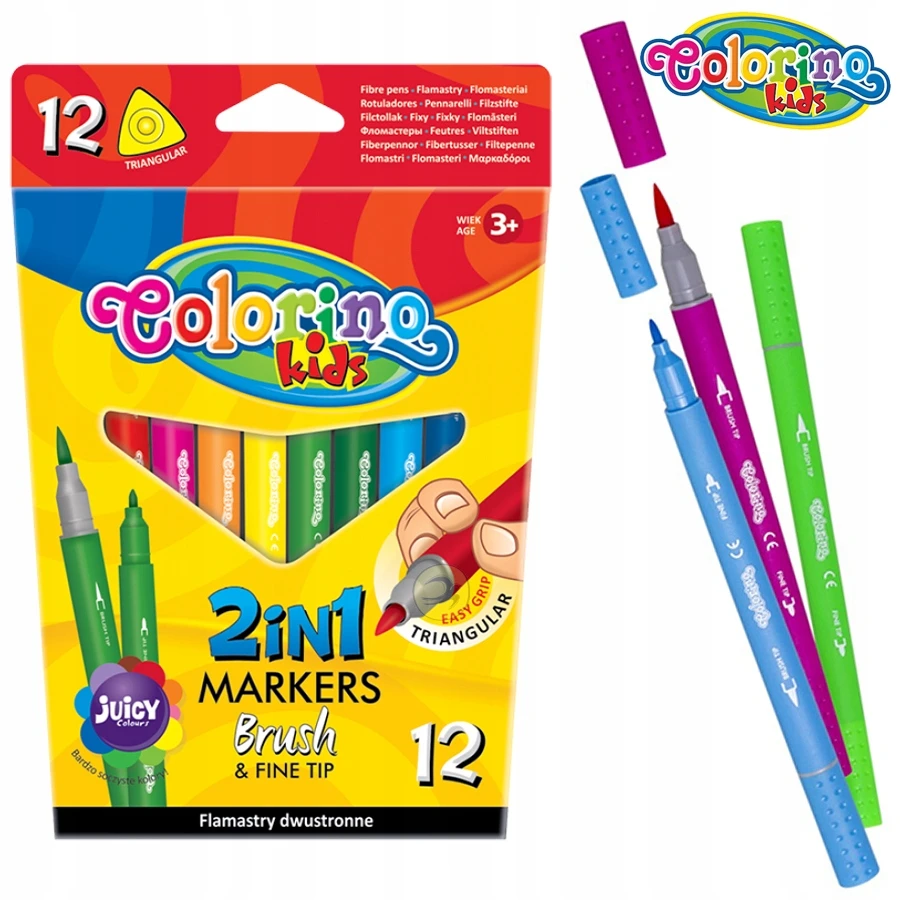 Flomasteriai Colorino Kids 2in1, dvipusiai, tribriauniai, 12 spalvų