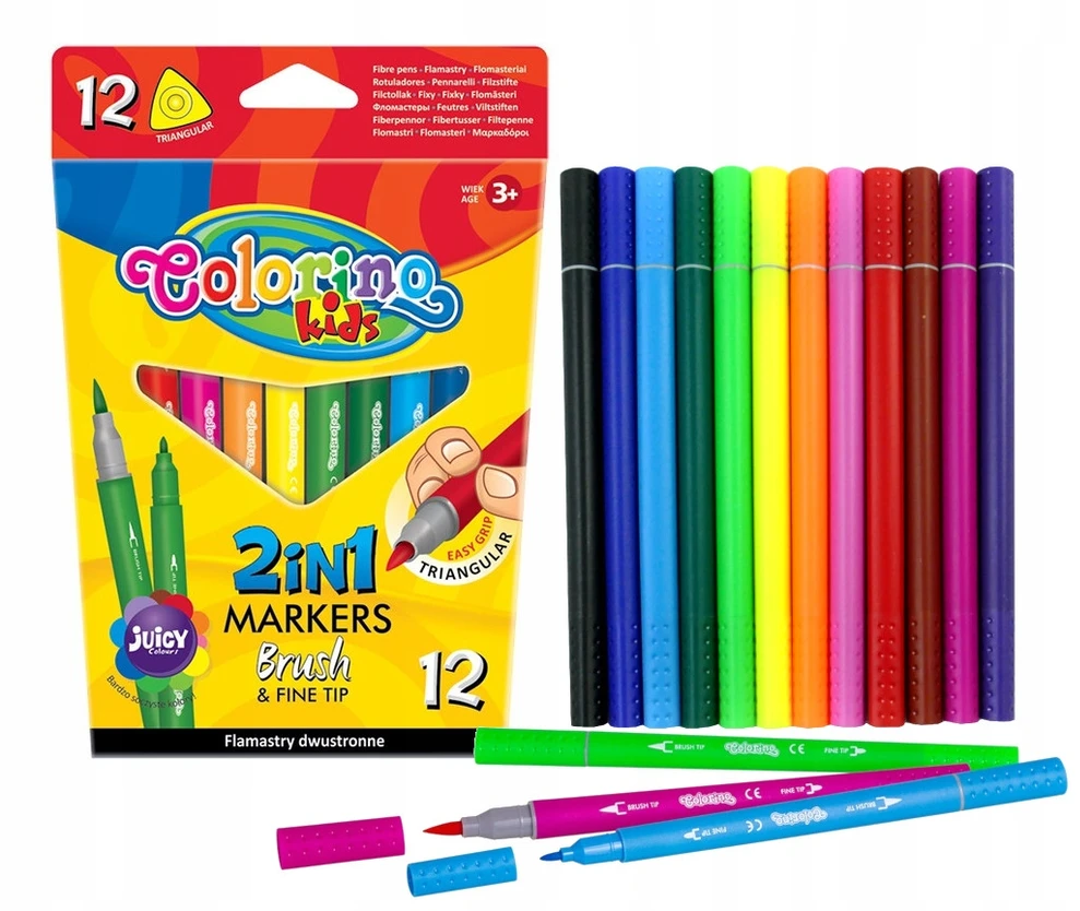 Flomasteriai Colorino Kids 2in1, dvipusiai, tribriauniai, 12 spalvų