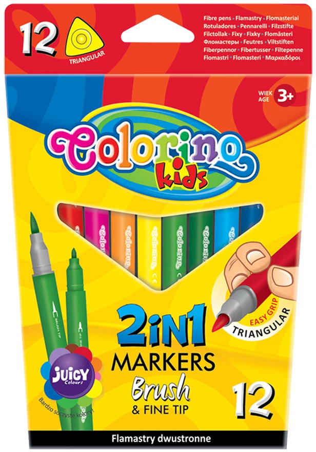 Flomasteriai Colorino Kids 2in1, dvipusiai, tribriauniai, 12 spalvų