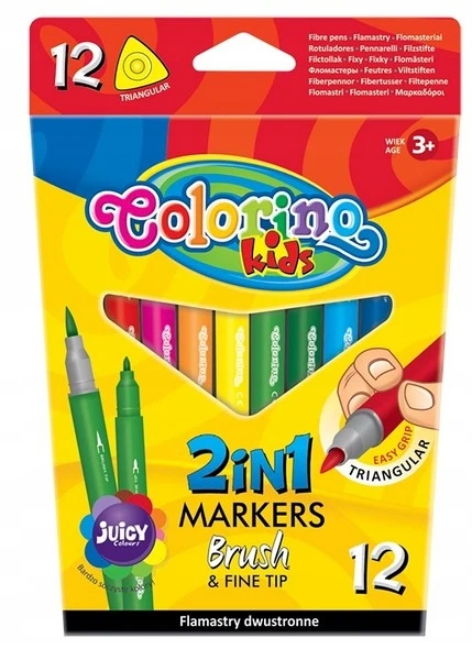 Flomasteriai Colorino Kids 2in1, dvipusiai, tribriauniai, 12 spalvų
