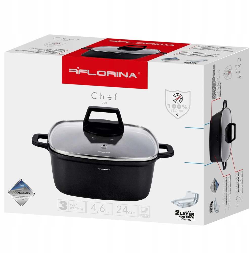 Florina Chef kvadratinis aliuminio puodas 24 cm 4,6L juodas indukcijai