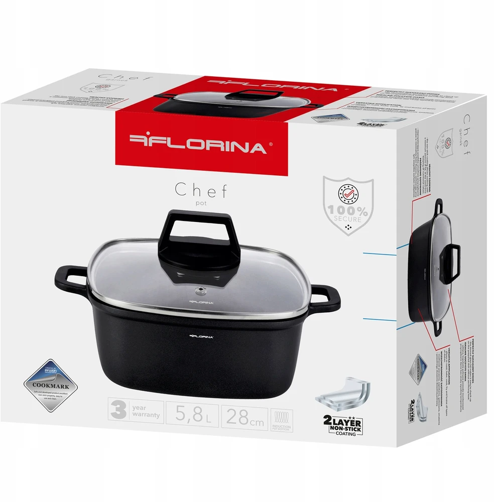 Florina Chef kvadratinis aliuminio puodas 28 cm 7,1L juodas indukcijai