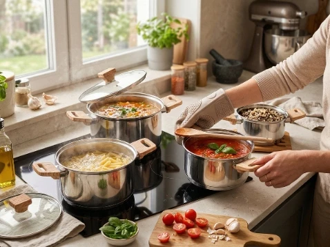 Florina Fitter nerūdijančio plieno puodai, rinkinyje 8 vnt. su dangteliais, dujų indukcija