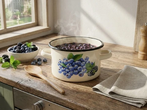 Florina Puodas emaliowany Emalia Pleszew Borówka 16 cm 2L smėlio spalva na indukcję