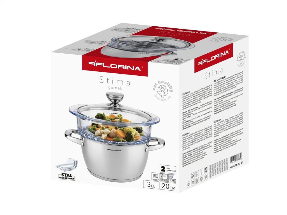 Florina GARINĖ PUODAS SATINA 20CM INOX 3 DALIS. (2,5 L PUODAS, 1,9 L STIKLAS TRANSPORTO PRIEMONĖ, dangtis) | Sourcing