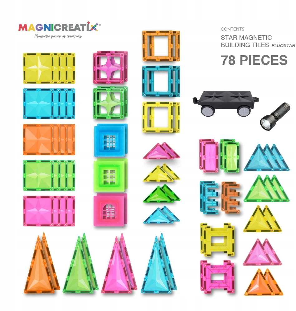 FLUORESCENT magnetiniai blokeliai su UV LEMPA, 78 vnt. MAGNICREATIX