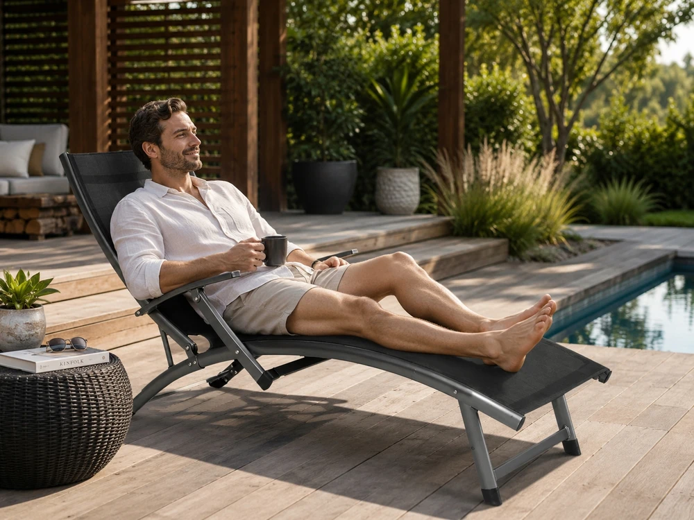 Focus Garden RELAX sulankstomas sodo paplūdimio šezlongas baseino sodui, patogus, tvirtas, juodas