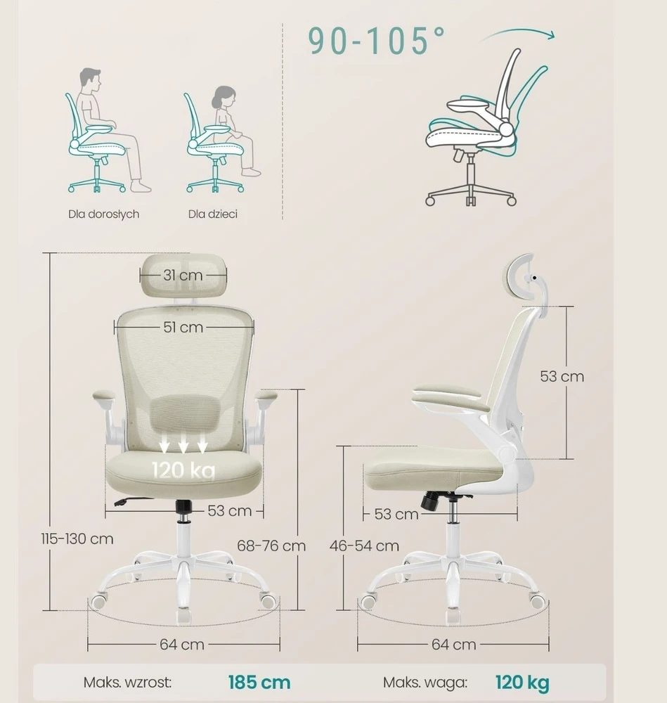 Fotel Biurowy Songmics Ergonomiczny Siatkowy Zagłówek Beż Cappuccino