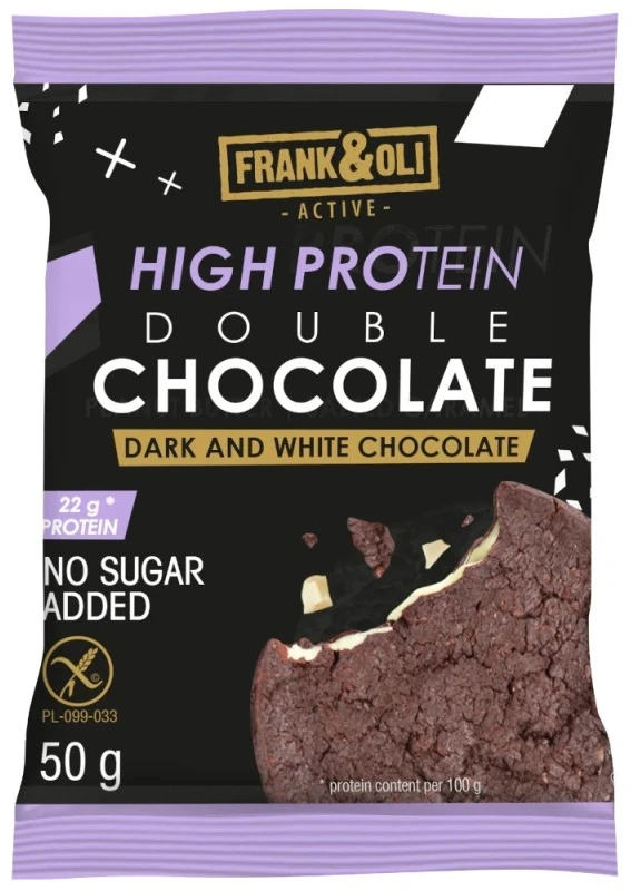 FRANK&OLI dvigubas šokoladinis baltyminis pyragas, TAMSIUS ir BALTASIS ŠOKOLADAS 50g