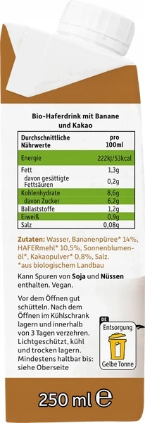 Freche Freunde Bio avižų gėrimas su bananais ir kakava 250ml