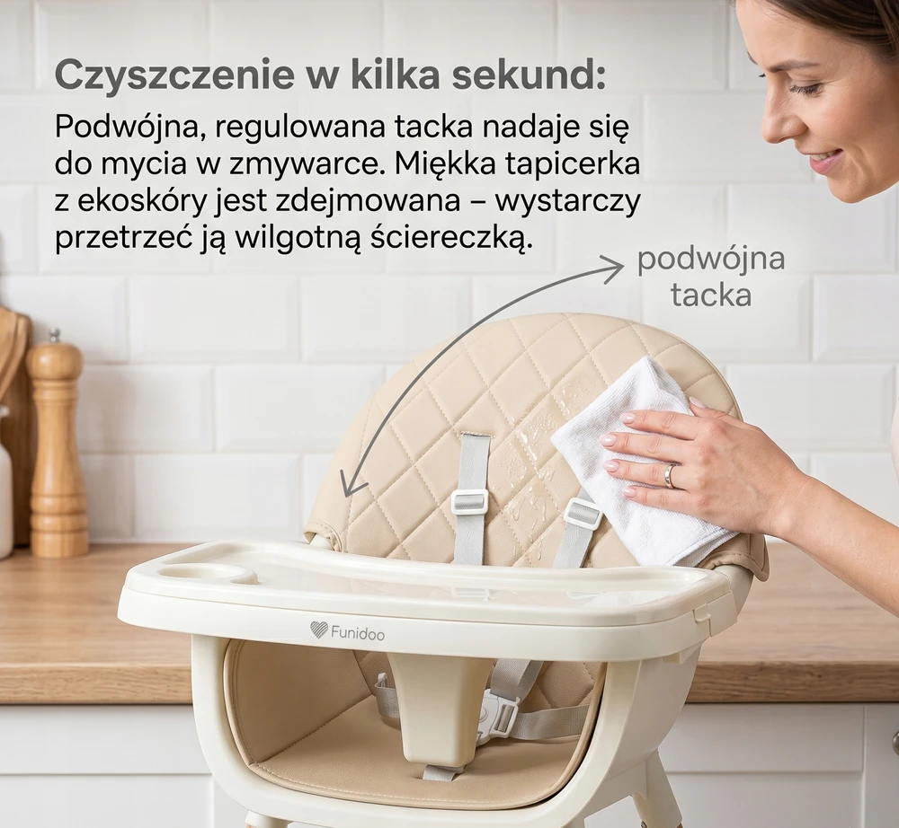 FUNIDOO TENDER reguliuojama maitinimo kėdutė, du padėklai, smėlio spalvos