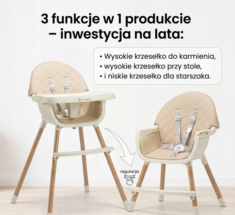 FUNIDOO TENDER reguliuojama maitinimo kėdutė, du padėklai, smėlio spalvos