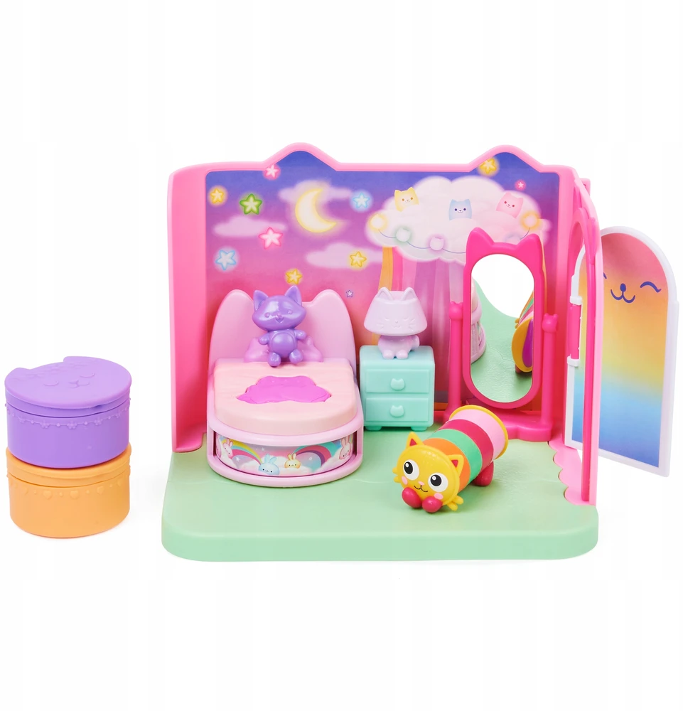 Spin Master Gabby's Dollhouse GABI'S CAT HOUSE KOMPLEKTAS, KAMBARYS, MIEGAMASIS IR MINKŠTA FIGŪRA, LOVA + PRIEDAI.