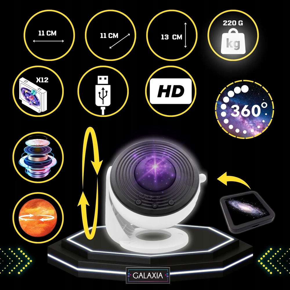 GALAXIA Projektorius GWIAZD LED PLANETARIUM Rzutnik Nieba Lampka Nocna Dla Dzieci