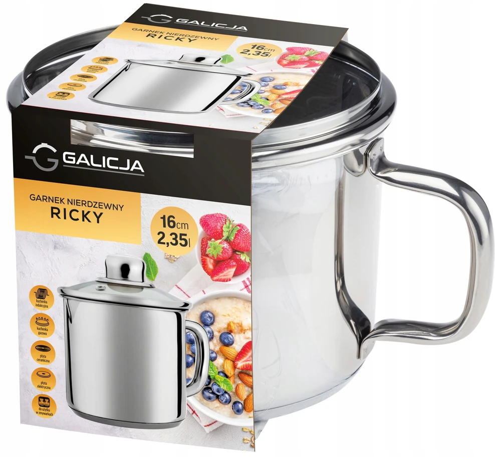 Galicja PUODAS SU DANGČIU NERŪDŽIASIS PUODAS 16cm 2,35L INDUKCINĖS DUJOS RICKY