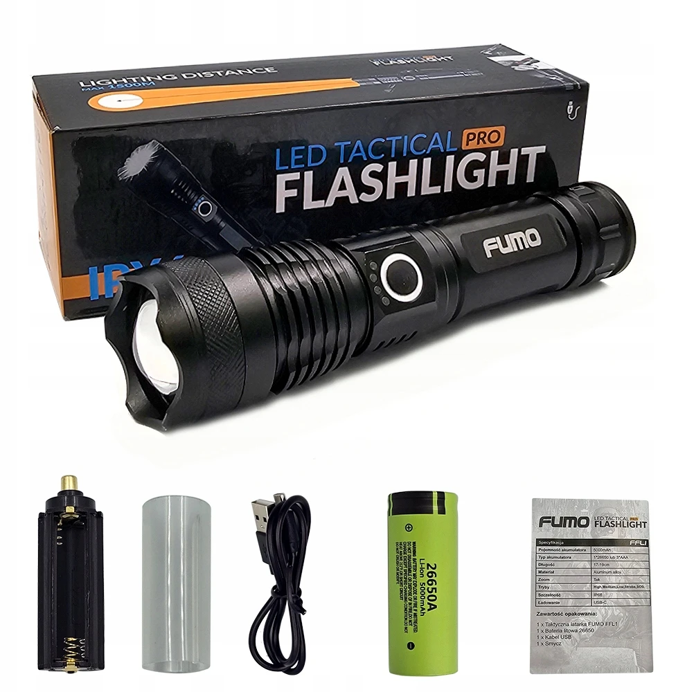 Galingas FUMO PRO 2500 lm AKUMULIATORIUS BLYKŠČIUS ĮKRAUJAMAS 5000 mAh ZOOM