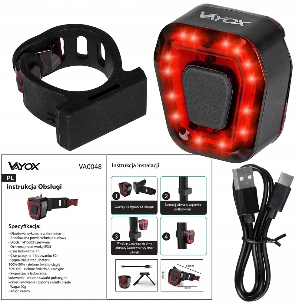 KROSS Galinė lempa VAYOX USB