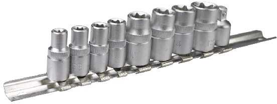 Galvučių rinkinys 10vnt, 1/4", 3/8" Torx Star Topex | 1/4": E5, E6, E7, E8 3/8": E10, E12, E14, E16