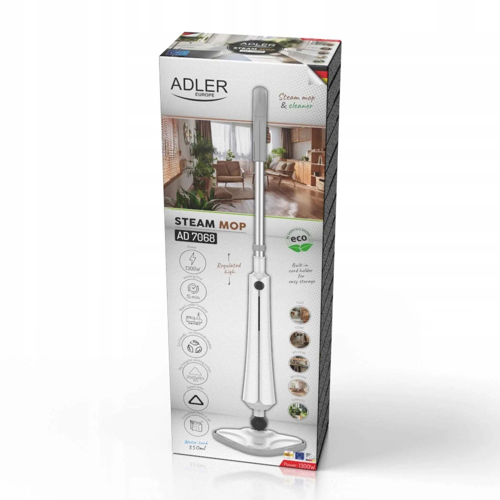 Adler garinė šluota | AD 7068 | Galia 1300 W | Vanduo bako talpa 0,35 l | Baltas/Pilkas