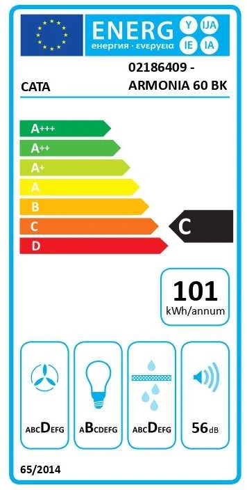 Gartraukis CATA Hood | ARMONIA 60 BK | Canopy | Energy efficiency class C | Plotis 59.8 cm | 645 m³/h | Mechanical | LED | Juodas