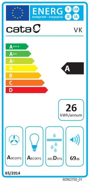 CATA gartraukis | VK 6000 WH | Tvirtinamas prie sienos | Energijos vartojimo efektyvumo klasė A | Plotis 60 cm | 398 m³/h | Mygtukai | CSLED | Baltas