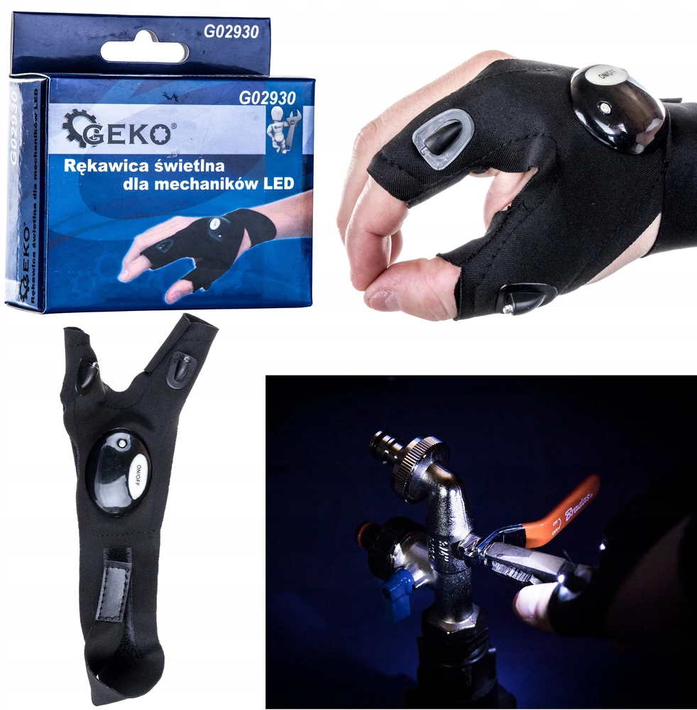 Geko Šviesos mechanikos pirštinė su LED darbiniu žibintuvėliu, atspari vandeniui, universali