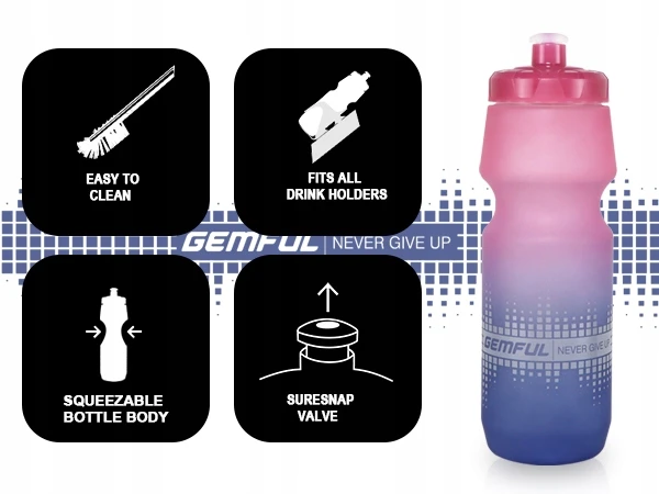 Gemful Dviračio butelis 750 ml lengvas suspaudžiamas rinkinys iš 2, skirtas važinėti dviračiu, sportuoti ir sporto salėje