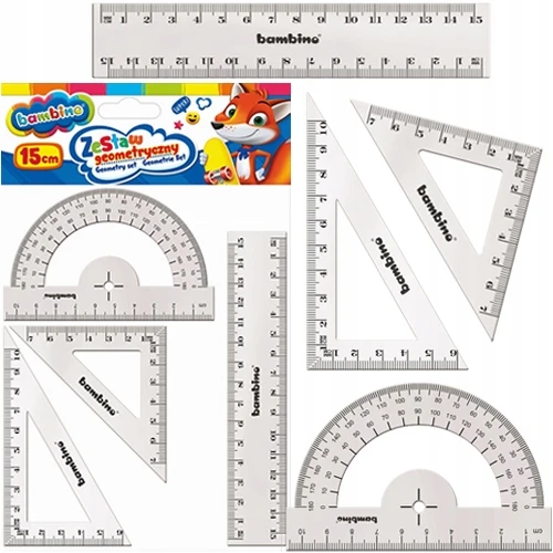 Geometrinis rinkinys Bambino 15 cm liniuotė, stačiakampiai, kampainis