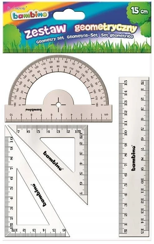 Geometrinis rinkinys Bambino 15 cm liniuotė, stačiakampiai, kampainis