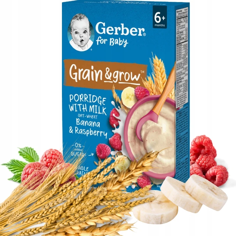 Gerber Grain Grow Milk Kviečių ir avižų košė Bananų ir aviečių 200 g 6m+