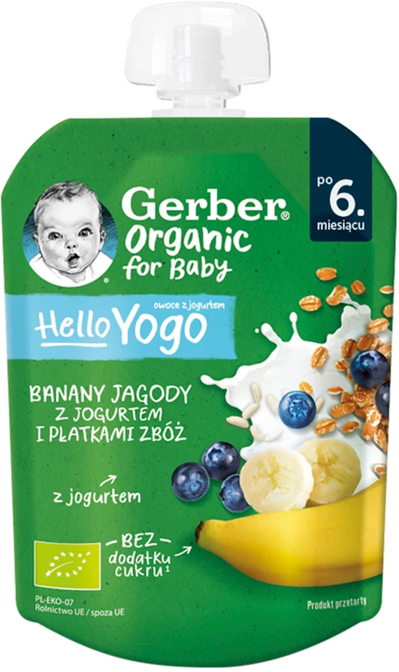 Gerber Organic Bananų, mėlynių desertas su jogurtu ir dribsniais 80 g