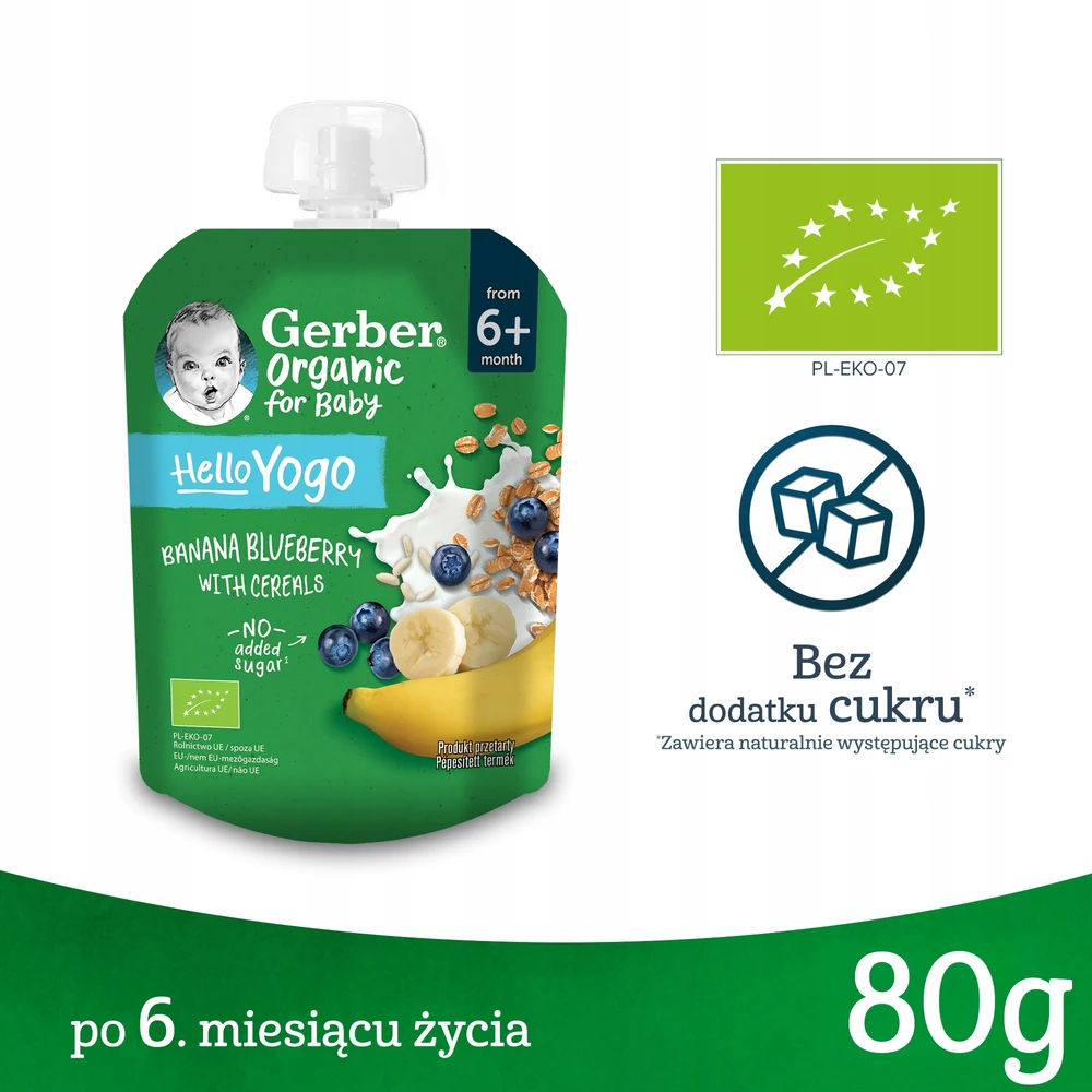 Gerber Organic Bananų, mėlynių desertas su jogurtu ir dribsniais 80 g
