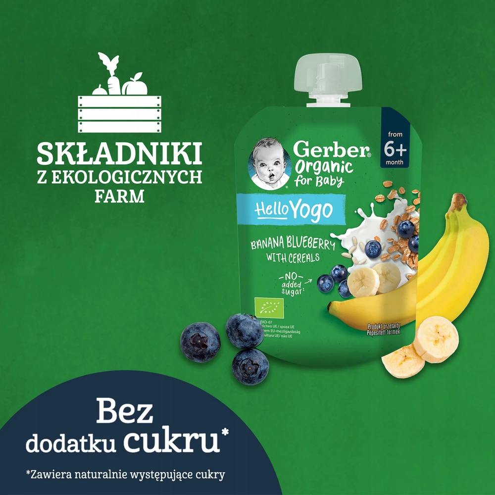 Gerber Organic Bananų, mėlynių desertas su jogurtu ir dribsniais 80 g