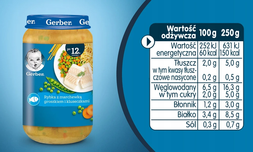 Gerber vakarienė vaikams Žuvis su morkomis, žirneliais ir kukuliais 12 m+ 250 g