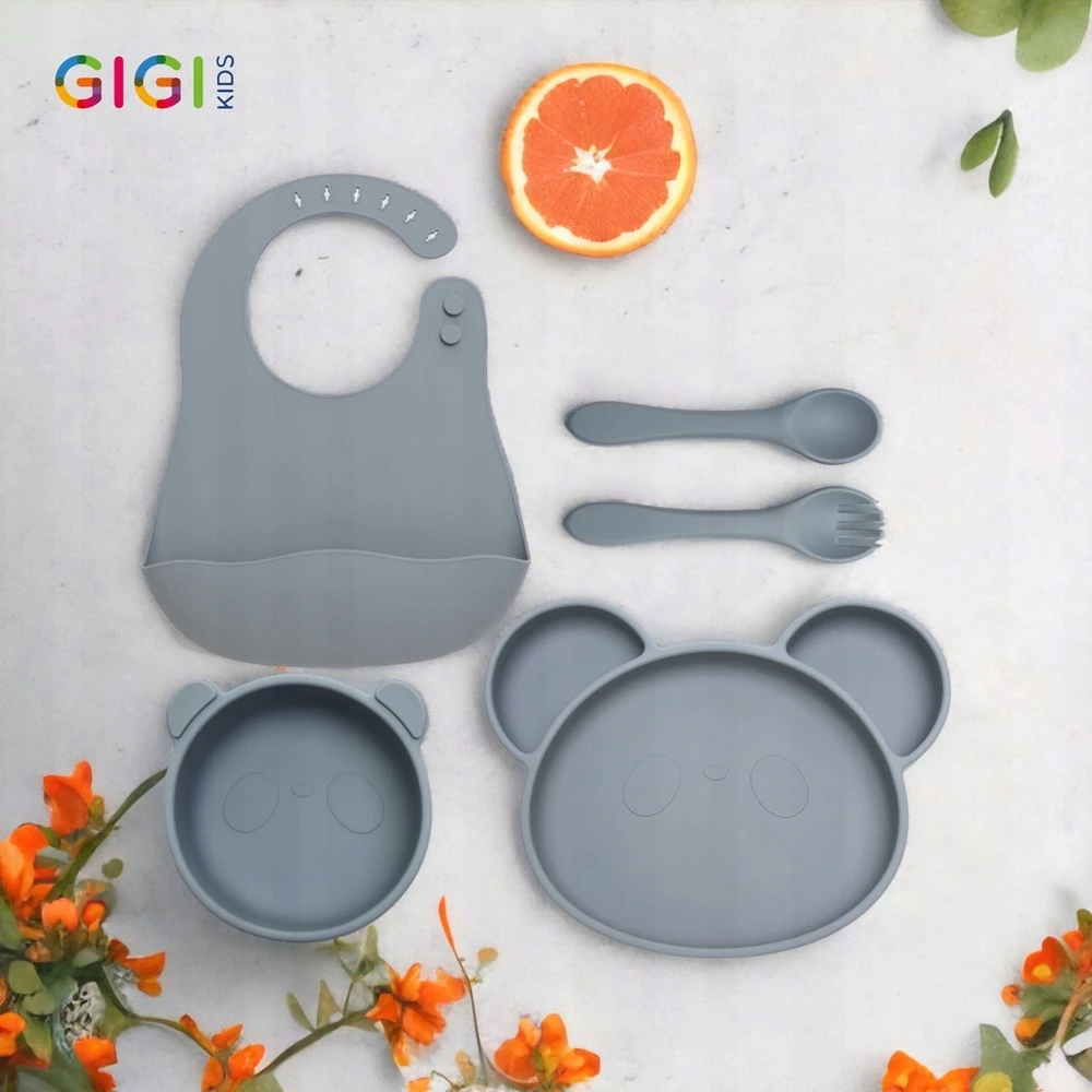 Gigi Kids BLW silikoninių lėkščių stalo įrankių mokymosi valgymo rinkinys 2in1 pilka