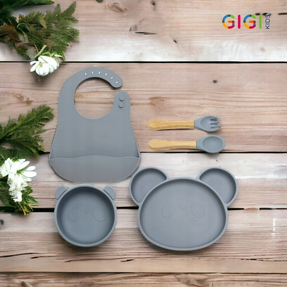 Gigi Kids BLW silikoninių lėkščių stalo įrankių mokymosi valgymo rinkinys 2in1 pilka