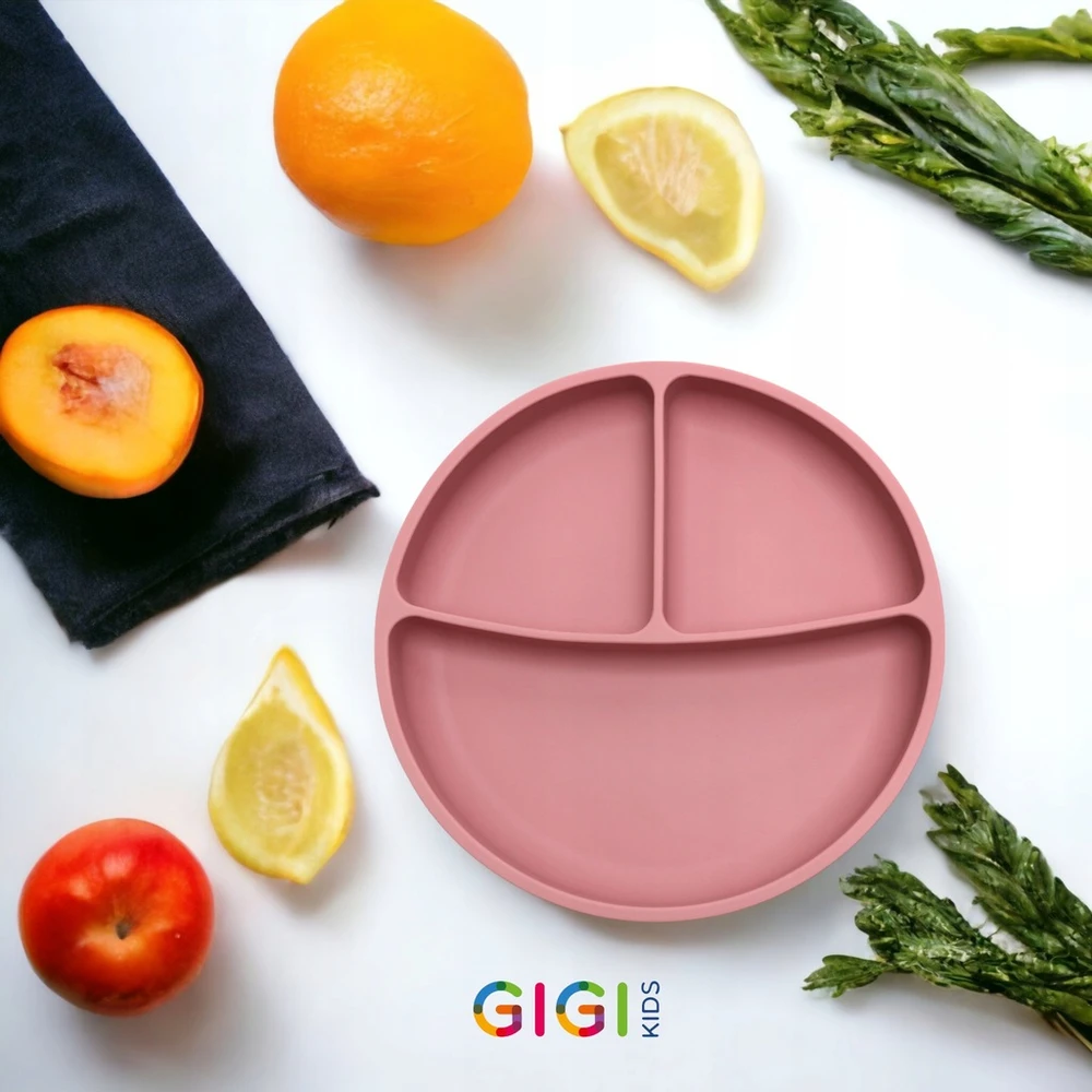 Gigi Kids Silikoninė lėkštė vaikams su siurbimo taurele ir skyreliais, rožinė