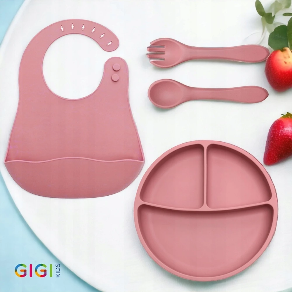 Gigi Kids Silikoninė lėkštė vaikams su siurbimo taurele ir skyreliais, rožinė