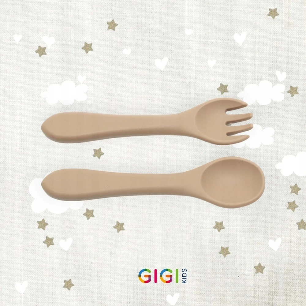 Gigi Kids Silikoniniai stalo įrankiai vaikams, mokantis valgyti, maitinti kūdikius, smėlio spalvos