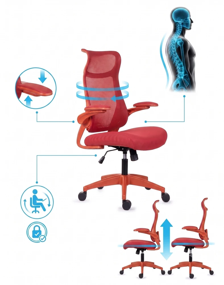 Giosedio Ergonomiczny raudona fotel biurowy FHX001 regulowane podłokietniki BHP
