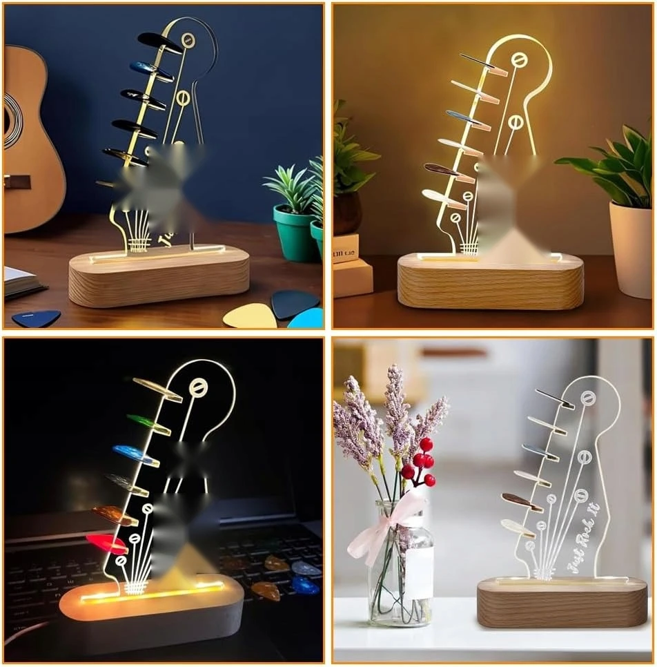 GITAROS PICK LAIKIKLIS ŠVIESUS AKRILINIS MEDINIS PAGRINDAS LED USB