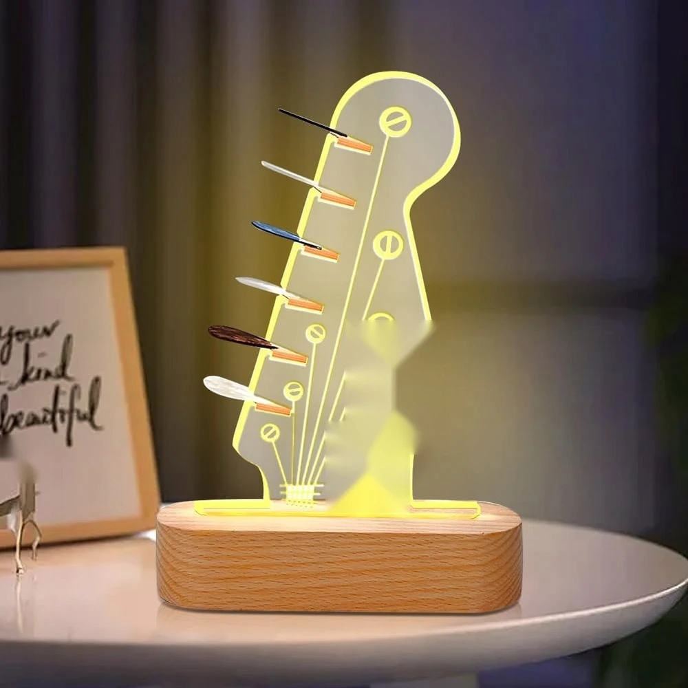 GITAROS PICK LAIKIKLIS ŠVIESUS AKRILINIS MEDINIS PAGRINDAS LED USB