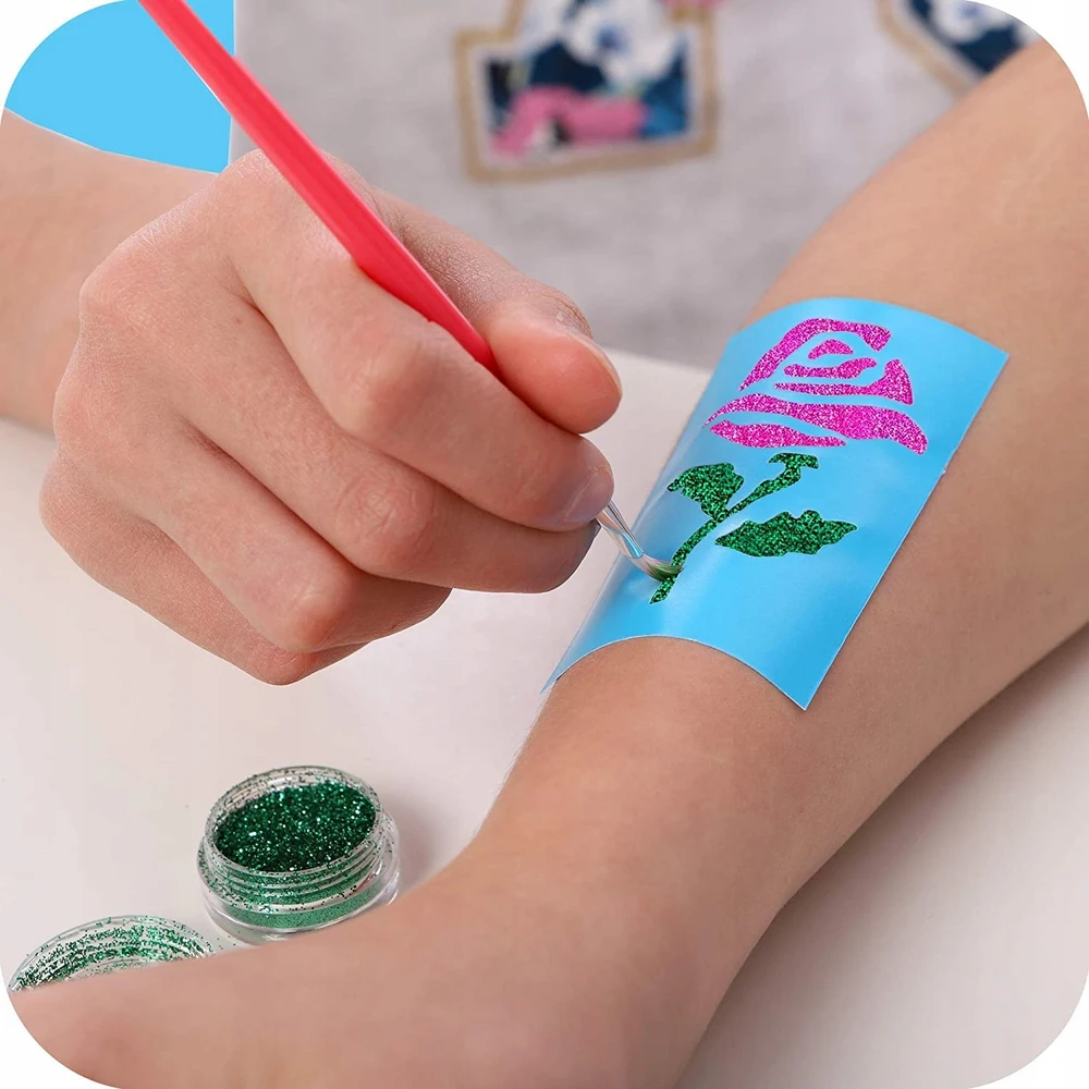 GLITTER TATTOO RINKINYS 33 ELEMENTAI. 24 6 SPALVŲ ŠABLONAI VAIKAMS