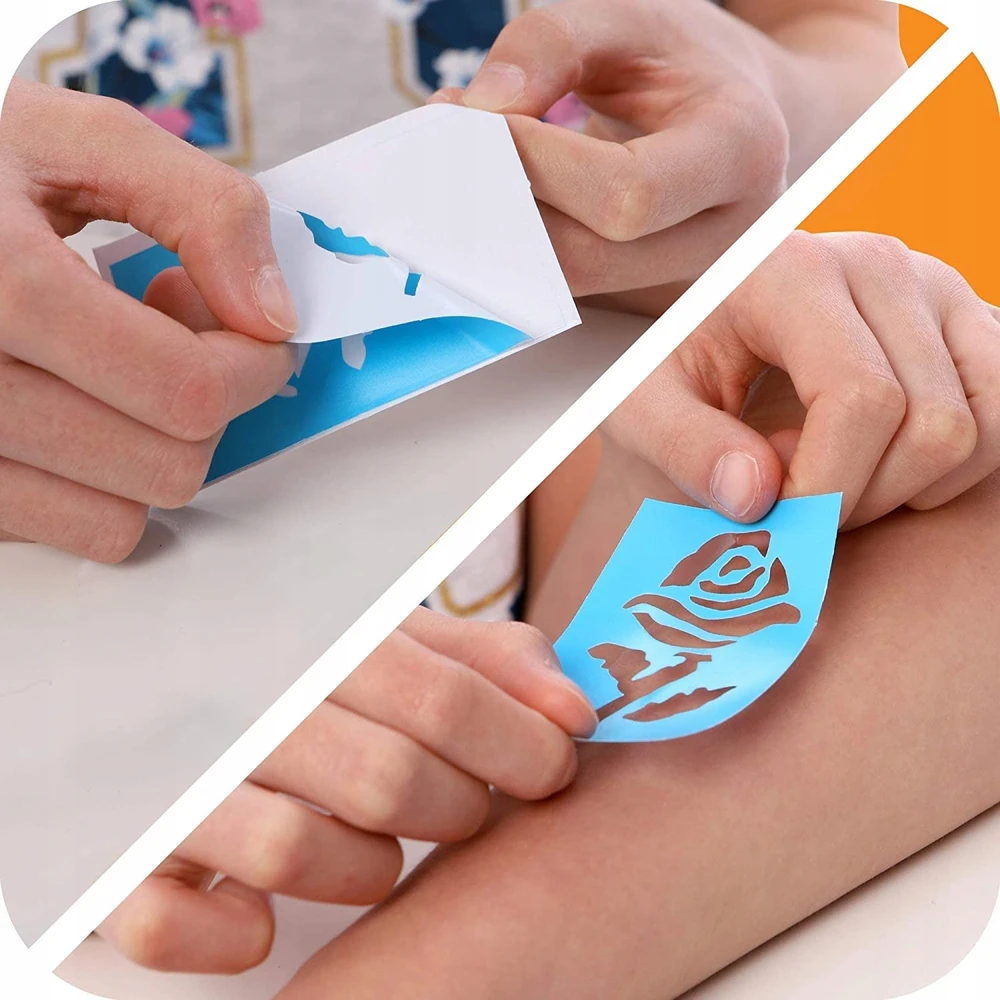 GLITTER TATTOO RINKINYS 33 ELEMENTAI. 24 6 SPALVŲ ŠABLONAI VAIKAMS