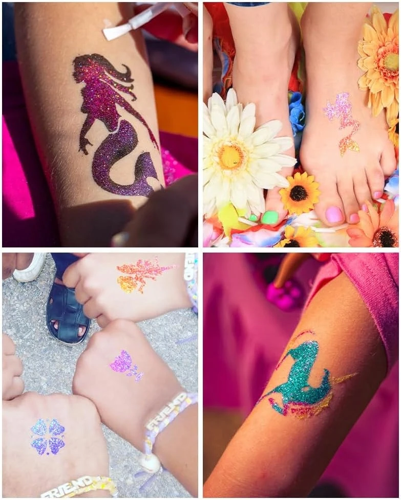 GLITTER TATTUOS DIDELIS TATUiruočių rinkinys, ŠABLONAI IR 30 SPALVŲ