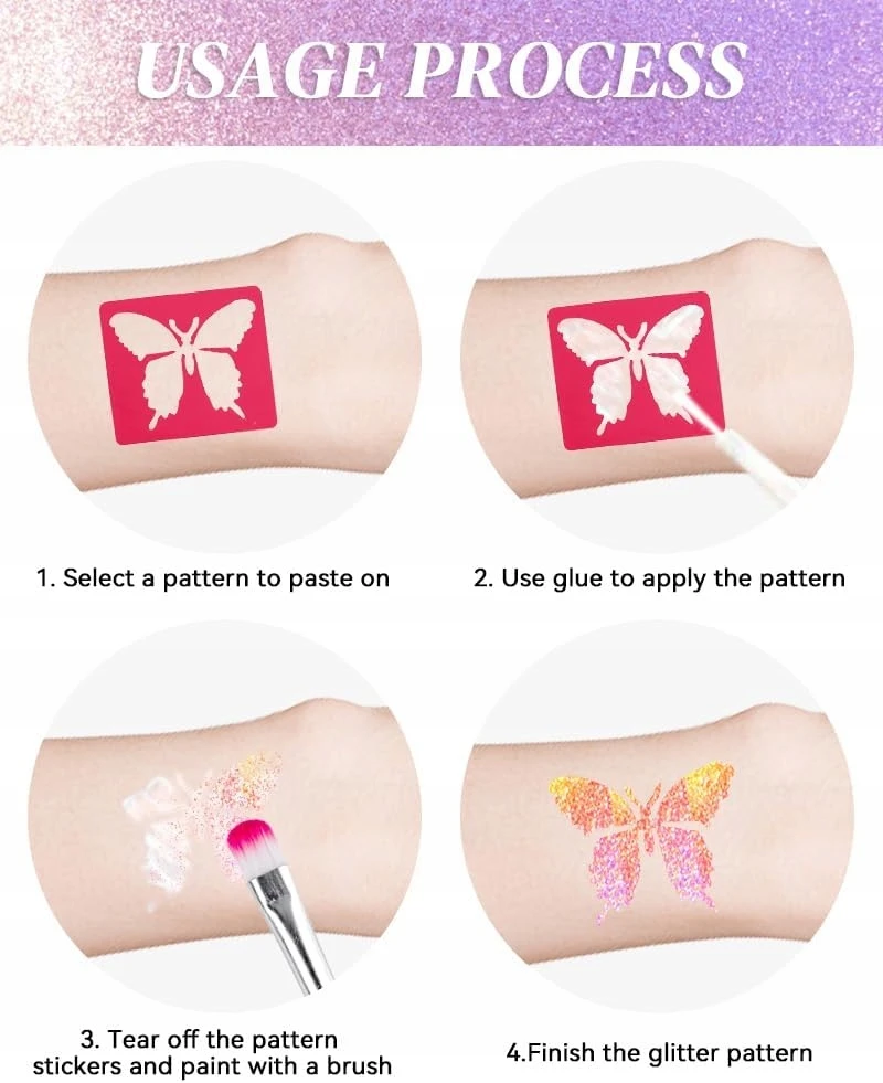 GLITTER TATTUOS DIDELIS TATUiruočių rinkinys, ŠABLONAI IR 30 SPALVŲ