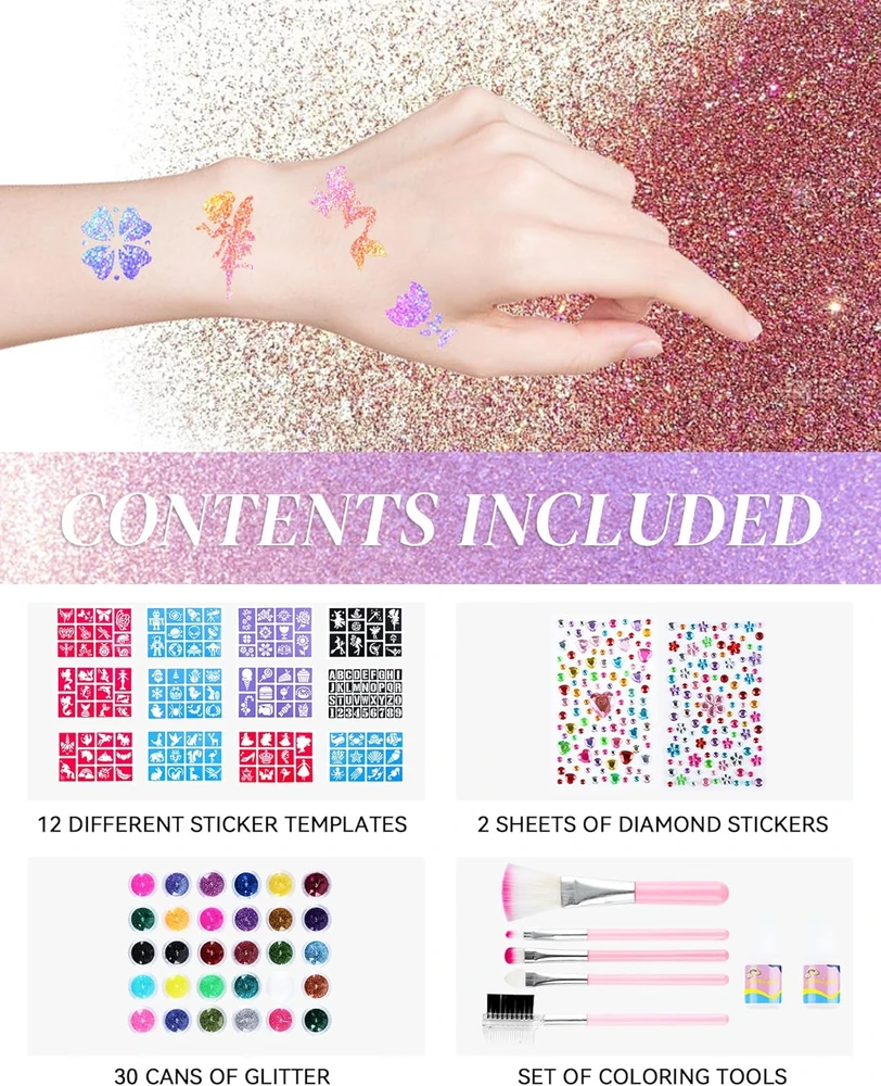 GLITTER TATTUOS DIDELIS TATUiruočių rinkinys, ŠABLONAI IR 30 SPALVŲ